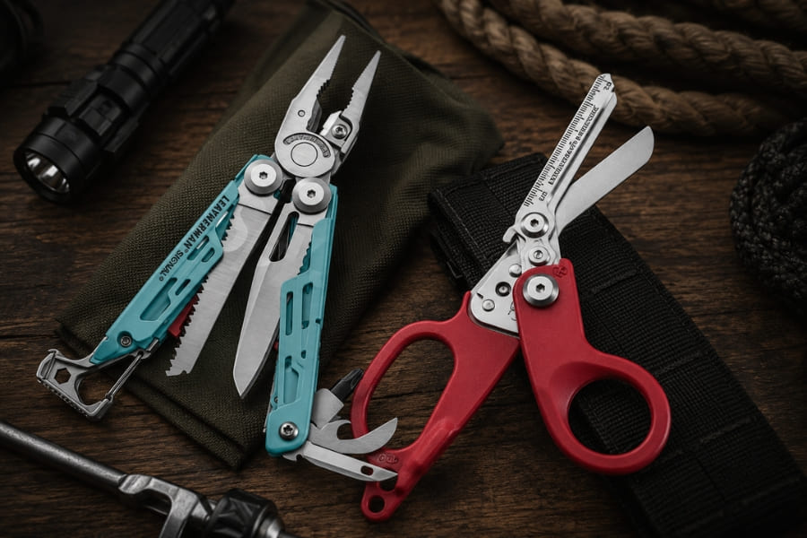 Multitool Leatherman Signal i nożyce Raptor Response ułożone na wyposażeniu survivalowym.