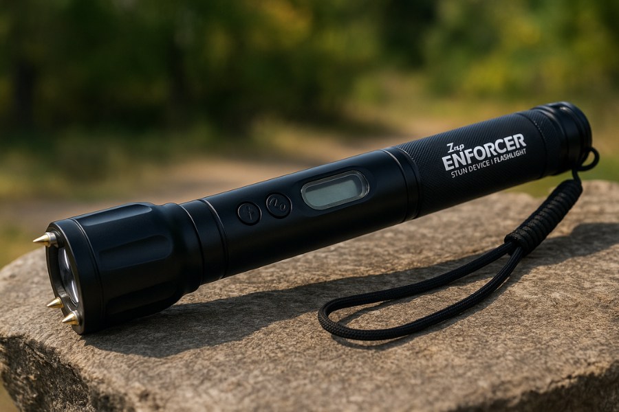 Latarka z paralizatorem ZAP Enforcer na kamieniu.