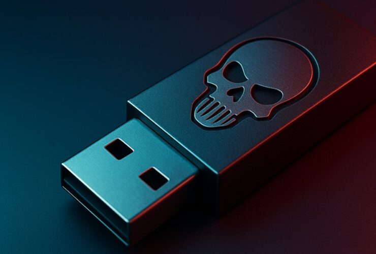 Zbliżenie na USB Killer, fotografia utrzymana jest w ciemnych kolorach. Na urządzeniu przypominającym pendrive widoczna jest czaszka.