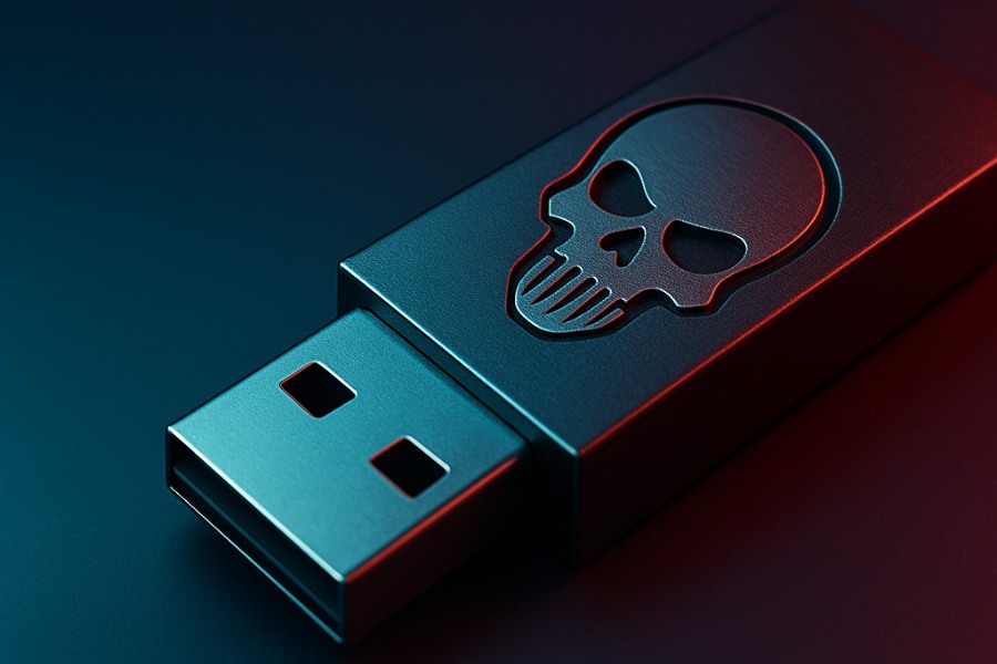 Zbliżenie na USB Killer, fotografia utrzymana jest w ciemnych kolorach. Na urządzeniu przypominającym pendrive widoczna jest czaszka.