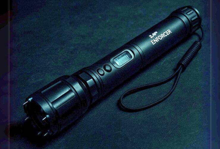 Paralizator z latarką ZAP Enforcer 2 000 000 V na ciemnym tle.