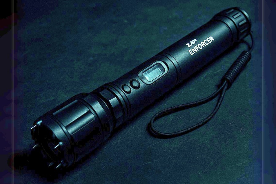 Paralizator z latarką ZAP Enforcer 2 000 000 V na ciemnym tle.