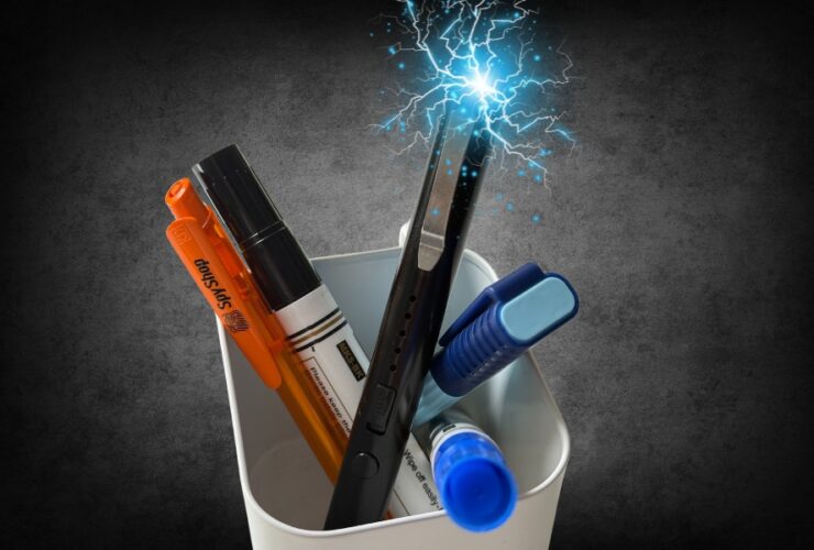 Pojemnik z długopisami i narzędziami, z których jeden emituje niebieskie wyładowania elektryczne.