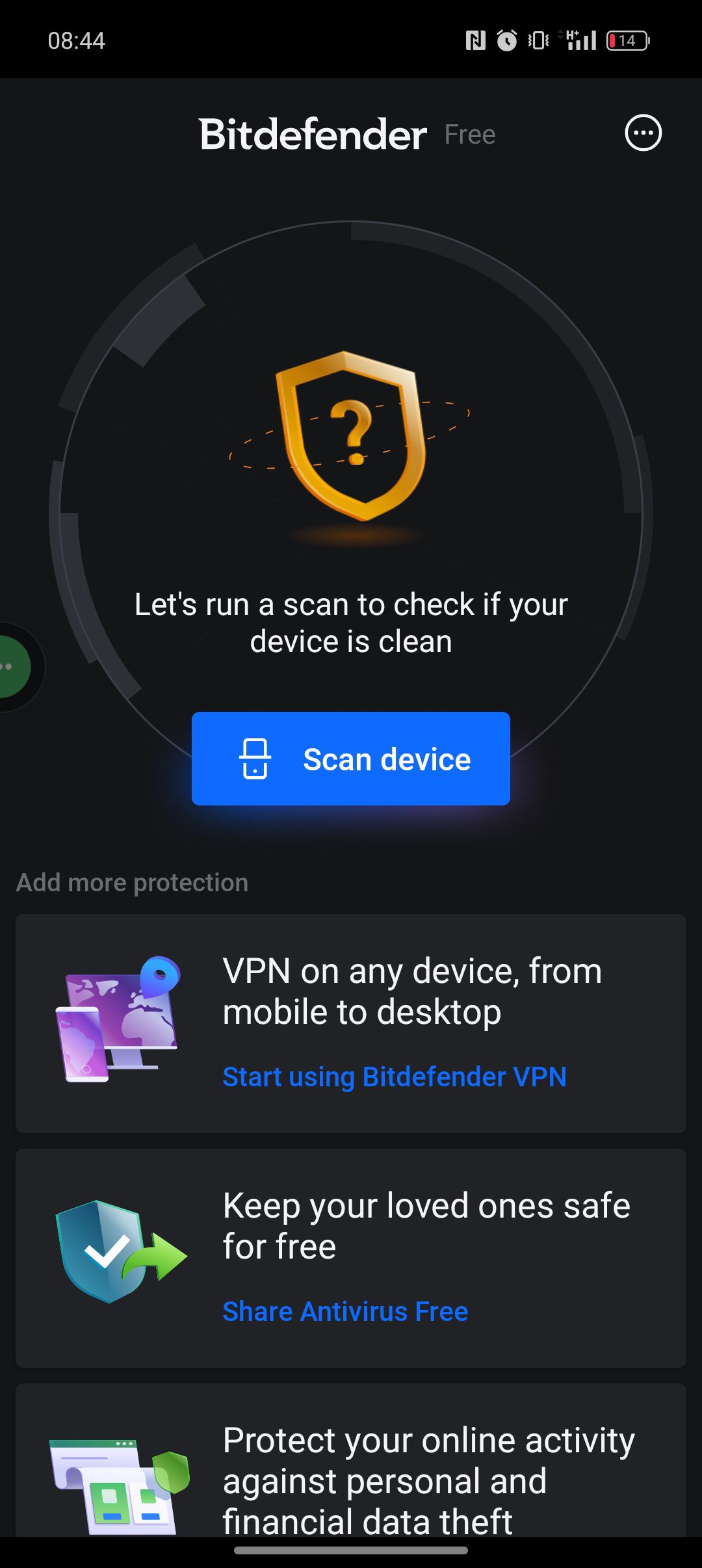 Zrzut ekranu przedstawiający główny ekran aplikacji Bitdefender Antivirus na Androidzie – minimalistyczny interfejs i łatwy dostęp do funkcji skanowania.