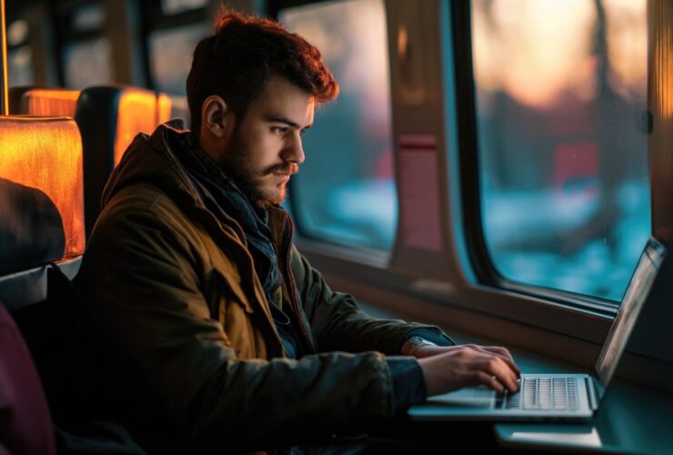 Mężczyzna podróżujący pociągiem siedzi przy oknie i pracuje na laptopie. Za oknem rozciąga się widok na kolorowy zachód słońca zimą.