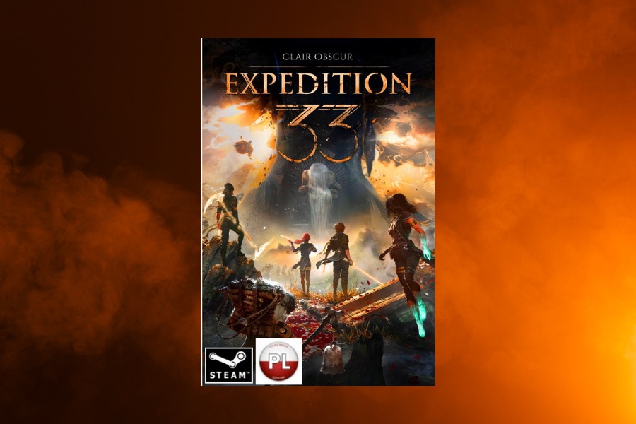 Okładka gry Clair Obscur: Expedition 33 przedstawia postaci stojące razem przed dużym, tajemniczym drzewem na tle mrocznego, mglistego krajobrazu.