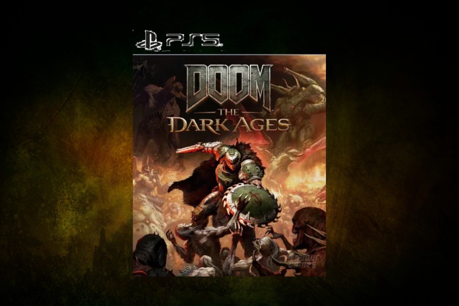 Okładka gry Doom: The Dark Ages przedstawia scenę wojny z piekłem. W centrum widoczny jest DOOM Slayer, trzymający broń w otoczeniu demonów.