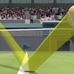 Grafika 3D przedstawiająca wizualizację odbijającej się piłki tenisowej na korcie. Symulacja ukazuje działanie systemu Hawk-Eye.