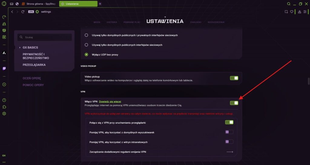 Widok ustawień przeglądarki Opera GX z rozwiniętą zakładką "Zaawansowane" oraz zaznaczoną opcją "Funkcje", umożliwiającą konfigurację dodatkowych funkcji takich jak VPN.