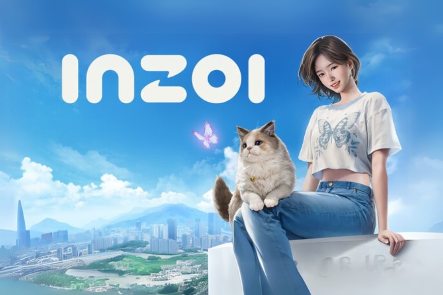 Okładka gry InZOI przedstawia dziewczynę Zoijkę siedzącą z kotem na tle pięknego nieba i panoramy miasta.
