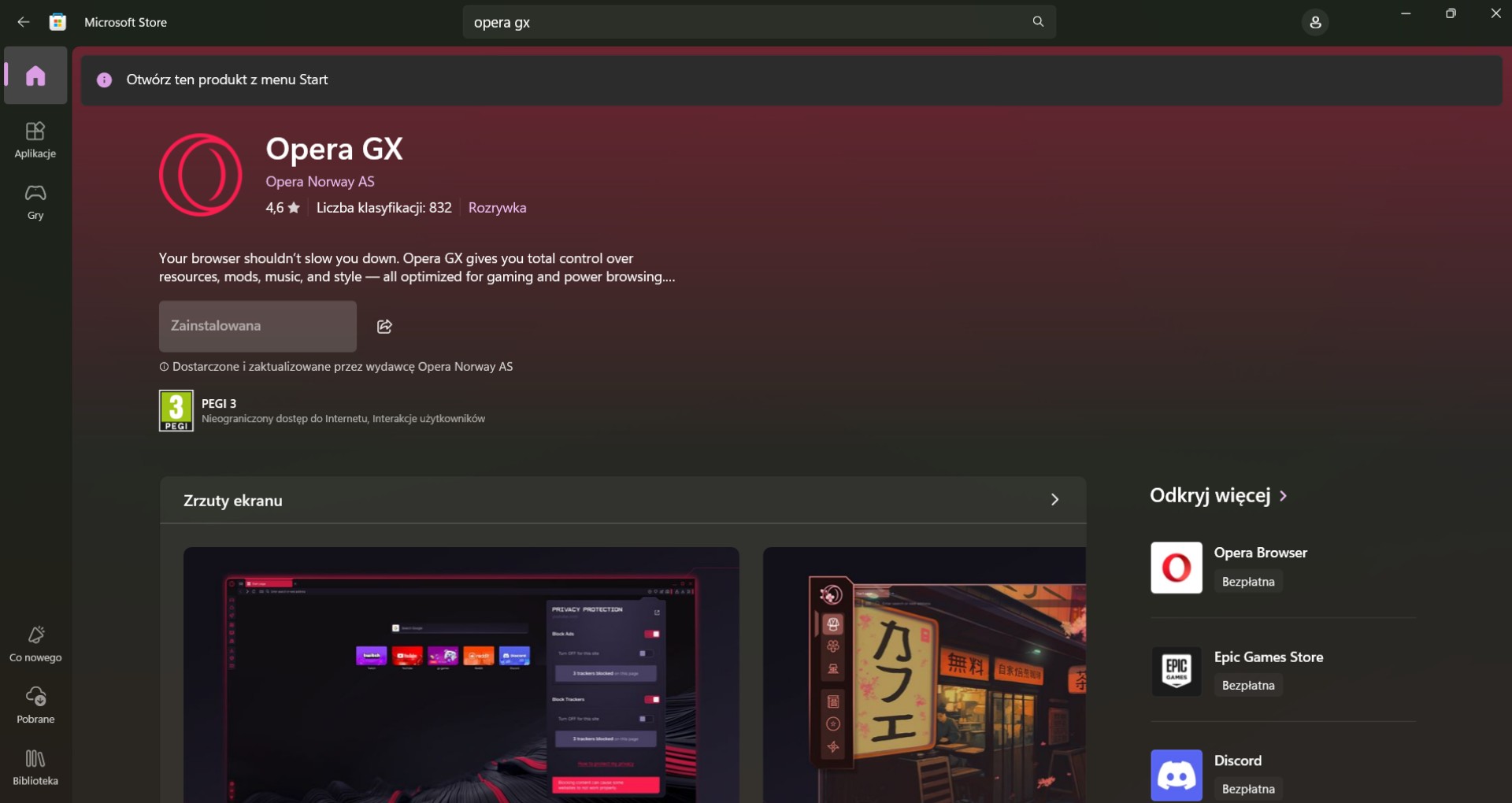 Zrzut ekranu przedstawiający proces instalacji przeglądarki internetowej Opera GX w Microsoft Store na systemie Windows