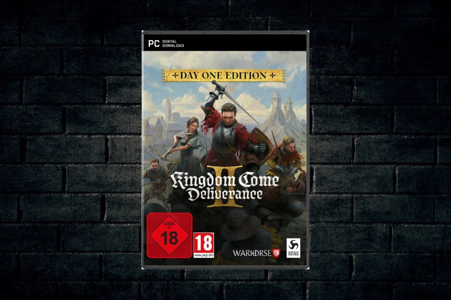 Okładka gry Kingdom Come: Deliverance II przedstawia Henryka w średniowiecznej zbroi, dzierżącego miecz, stojącego na tle zamku i płonącej wioski.