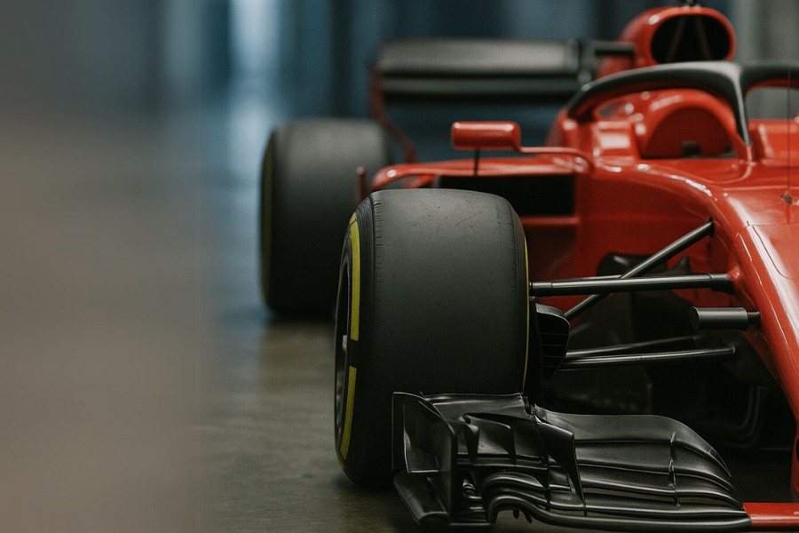 Czerwony bolid F1 po prawej stronie zdjęcia, konstrukcja stoi w budynku o szarej podłodze.