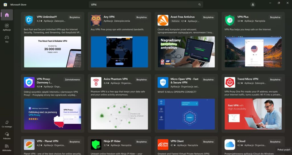 Zrzut ekranu przedstawiający wyniki wyszukiwania aplikacji VPN w sklepie Microsoft Store na systemie Windows, widoczne różne darmowe rozwiązania VPN dostępne do pobrania.