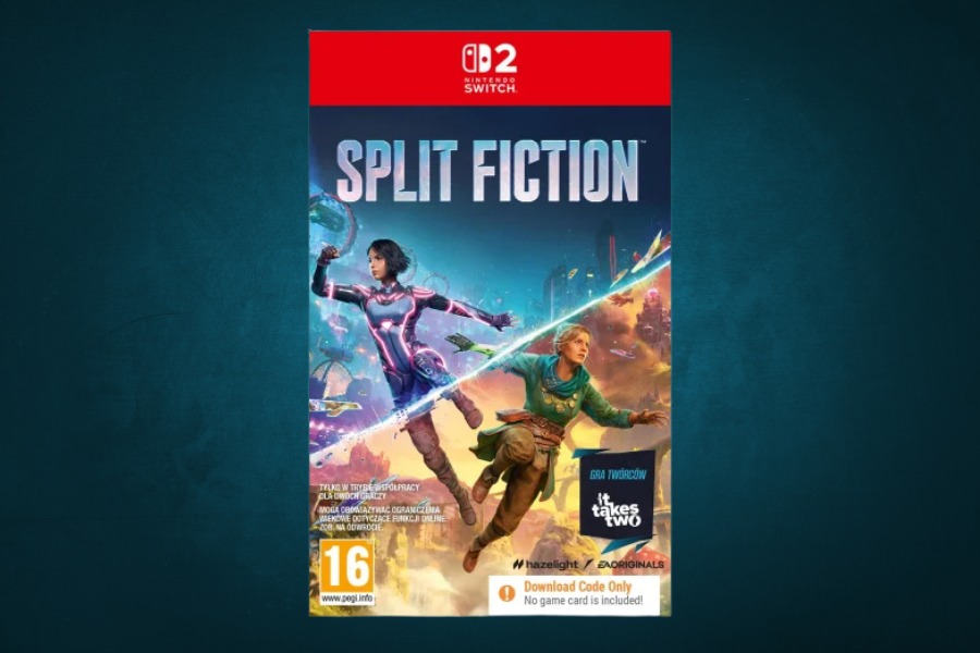 Okładka gry Split Fiction przedstawia dwie kobiety w różnych krainach – jedna w futurystycznym mieście, druga w bajkowym, kolorowym świecie.