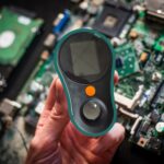 Lupa cyfrowa Inskam 370 w zielonej obudowie trzymana w dłoni. W tle układy scalone komputera.