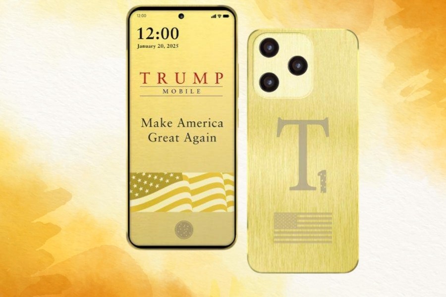 Złoty smartfon Donalda Trumpa, model T1 Phone od przodu i od tyłu. W tle grafika w złotych barwach.