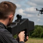 Operator systemu antydronowego namierza drona lecącego nad otwartym terenem w pogodne, lekko zachmurzone popołudnie.