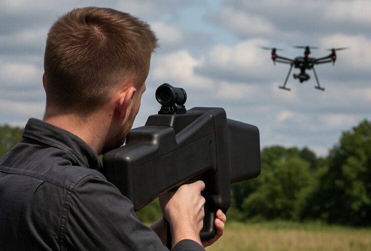 Operator systemu antydronowego namierza drona lecącego nad otwartym terenem w pogodne, lekko zachmurzone popołudnie.