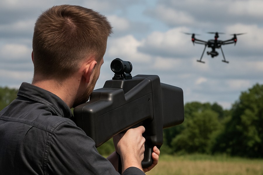 Operator systemu antydronowego namierza drona lecącego nad otwartym terenem w pogodne, lekko zachmurzone popołudnie.