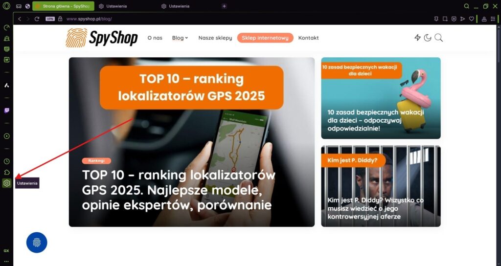 Zrzut ekranu przedstawiający przeglądarkę Opera GX z zaznaczonym przyciskiem ustawień na lewym pasku bocznym, umożliwiającym dostęp do konfiguracji VPN.