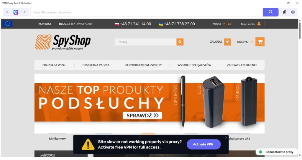 Zrzut ekranu przedstawiający aplikację VPN Proxy, umożliwiającą anonimowe przeglądanie internetu i omijanie blokad regionalnych.
