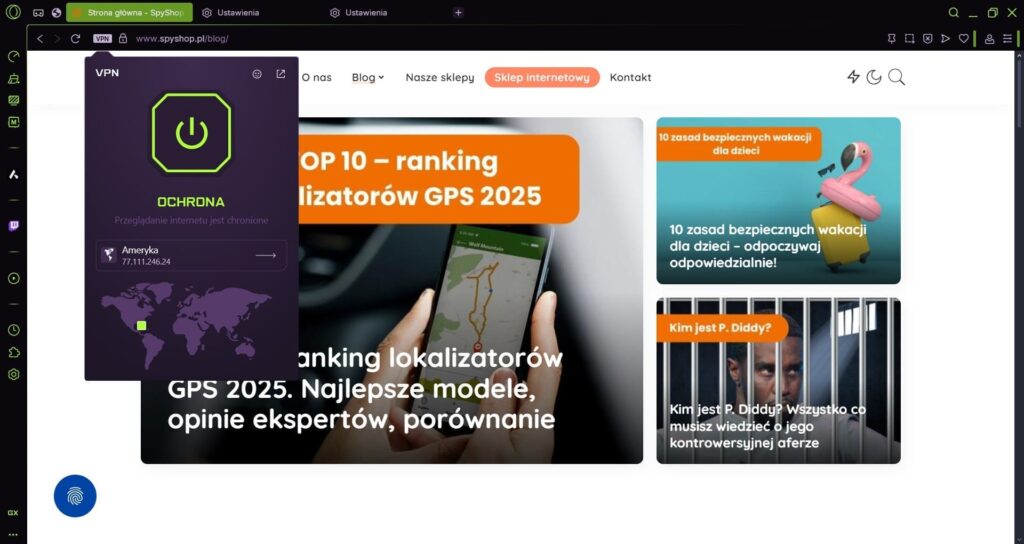 Zrzut ekranu przedstawiający aktywne połączenie VPN w przeglądarce Opera GX, z informacjami o przesłanych danych, możliwością wyboru wirtualnej lokalizacji (Azja, Europa, Ameryka) oraz widocznym adresem IP.