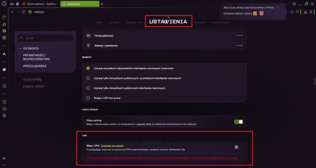 Zrzut ekranu przedstawiający włączoną funkcję VPN w przeglądarce Opera GX oraz dodatkowe ustawienia umożliwiające konfigurację sieci VPN.