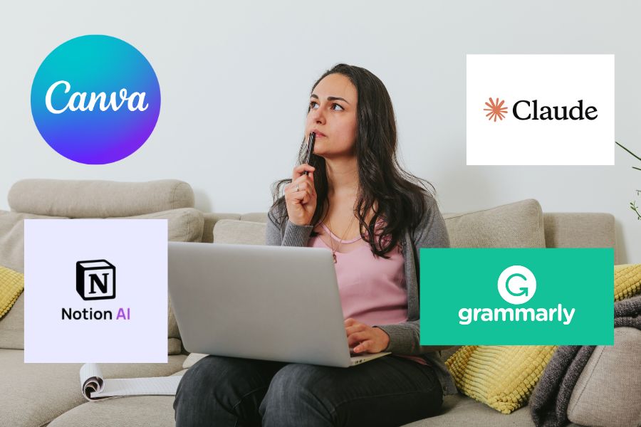 Kobieta z laptopem na kolanach trzyma długopis przy ustach, siedzi na kanapie. Obok znajdują się logotypy aplikacji opartych na AI.