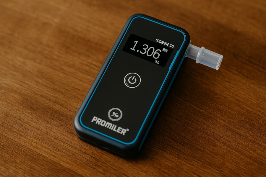 Alkomat Promiler iSober 50 leżący na drewnianym jasnym blacie – na ekranie widoczny wynik pomiaru 1.306‰.