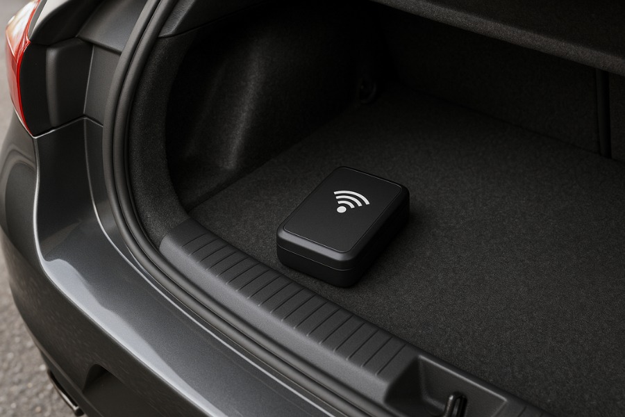 Czarny nadajnik GPS z symbolem Wi-Fi leży w bagażniku samochodowym.
