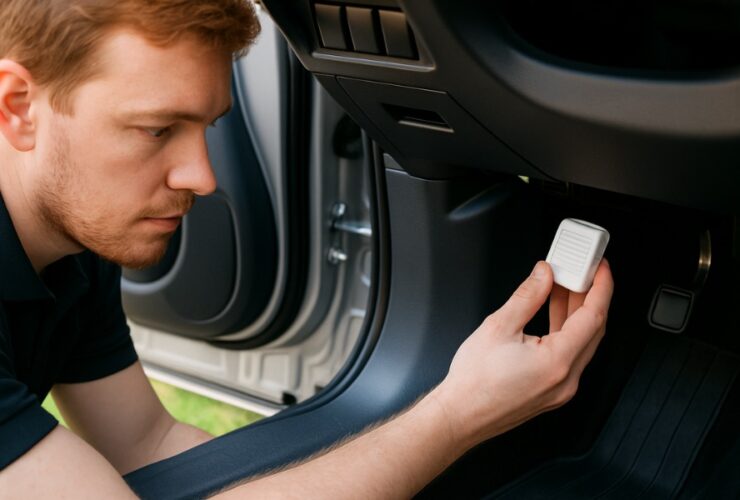 Mężczyzna trzyma w ręku biały lokalizator GPS. Nachyla się w samochodzie i montuje nadajnik pod kierownicą w kokpicie.