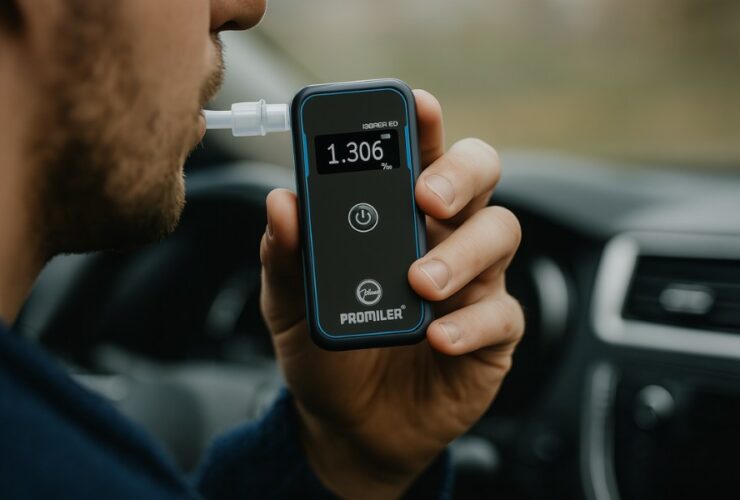 Mężczyzna wykonujący pomiar alkomatem Promiler iSober 50 w samochodzie – na wyświetlaczu widoczny wynik 1.306‰.