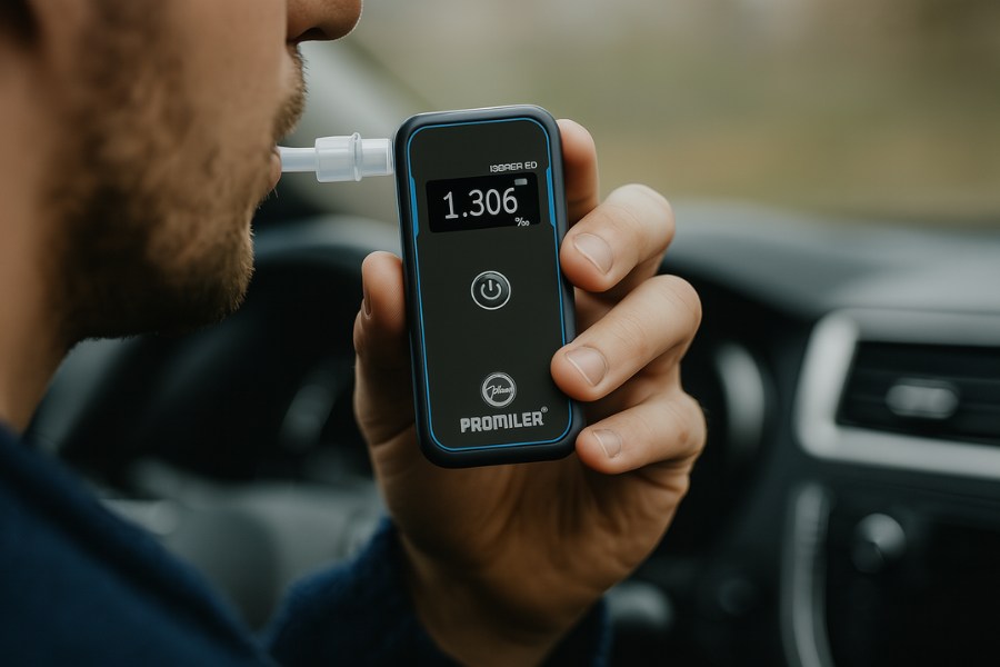 Mężczyzna wykonujący pomiar alkomatem Promiler iSober 50 w samochodzie – na wyświetlaczu widoczny wynik 1.306‰.