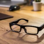 Na pierwszym planie okulary z grubymi czarnymi oprawkami. Leżą one na drewnianym stole, w tle laptop, myszka i kubek.