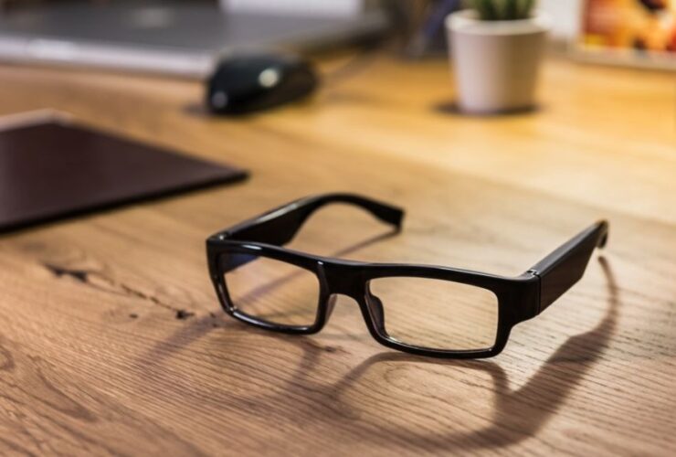 Na pierwszym planie okulary z grubymi czarnymi oprawkami. Leżą one na drewnianym stole, w tle laptop, myszka i kubek.