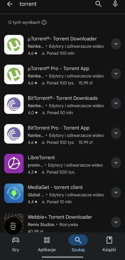 Screenshot aplikacji uTorrent na systemie Android, pokazujący interfejs i listę dostępnych programów.