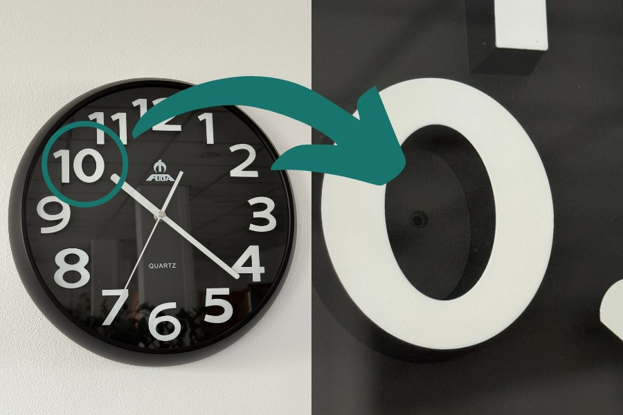 Po lewej stronie kamera w zegarze DVR-259 wisi na ścianie. Po prawej stronie zbliżenie na cyfrę "0" w liczbie "10", wewnątrz której ukryto obiektyw.