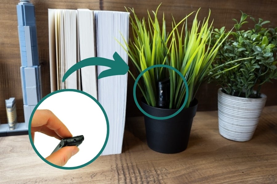 Rośliny w doniczkach i książki stoją na drewnianym blacie, w jednej z roślin widoczna jest ukryta mini kamera. Zbliżenie na sprzęt w małej ilustracji po lewej stronie.