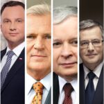 Kolaż portretów prezentów III RP - od lewej Duda, Kwaśniewski, Kaczyński, Komorowski, Wałęsa, i Nawrocki.