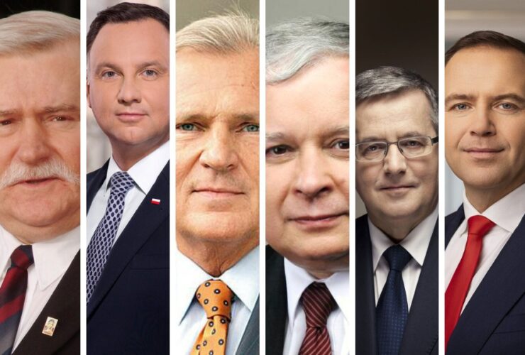 Kolaż portretów prezentów III RP - od lewej Duda, Kwaśniewski, Kaczyński, Komorowski, Wałęsa, i Nawrocki.