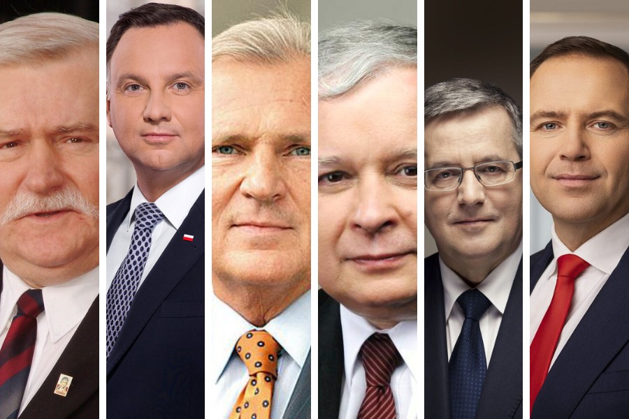 Kolaż portretów prezentów III RP - od lewej Duda, Kwaśniewski, Kaczyński, Komorowski, Wałęsa, i Nawrocki.