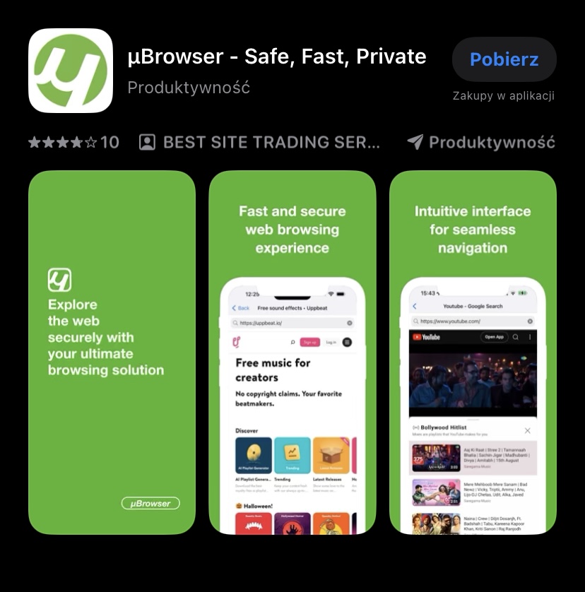 Wygląd sklepu App Store na iOS pokazujący aplikację uTorrent wraz ze zdjęciami podglądowymi.