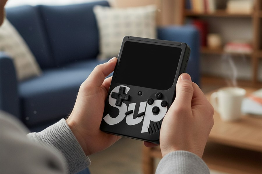 Code Grabber w rękach mężczyzny w szarej bluzie. Widoczny interfejs urządzenia. W tle pokój dzienny.