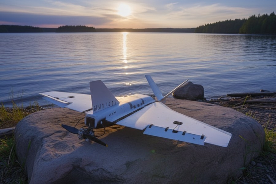 Na zdjęciu dron bojowy w formie małego bezzałogowego samolotu ustawiony na kamieniu przy jeziorze podczas zachodu słońca.
