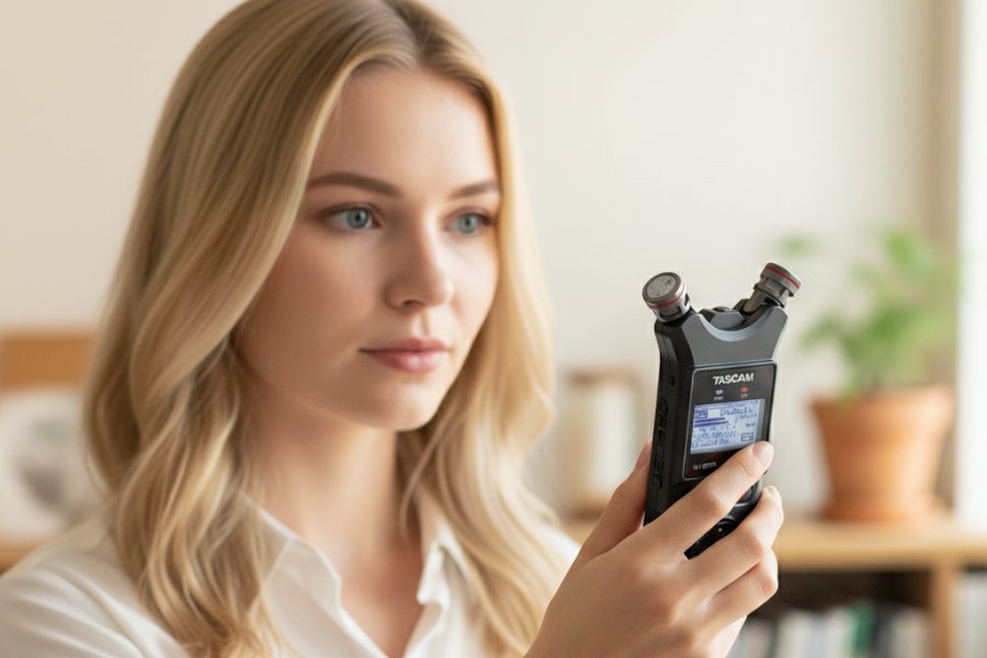 Kobieta w blond włosach i białej koszuli trzyma w dłoni dyktafon marki Tascam i spogląda na niego.