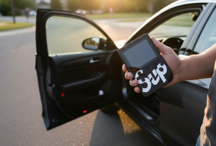 Gameboy do aut Code Grabber P31 w ręku mężczyzny. W tle otwarty samochód i droga.