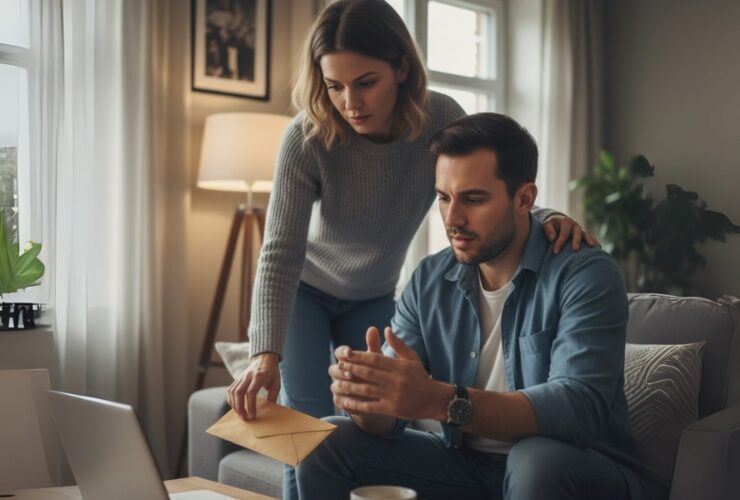 Para w pokoju dziennym. Mężczyzna na kanapie jest zakłopotany i splata dłonie, nad nim stoi jego partnerka i wręcza mu złotą kopertę. Widać między nimi napięcie.