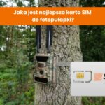 Fotopułapka wisi na drzewie w środku lasu, a jej kamuflaż powoduje, że wtapia się w rośliny. Obok ilustracja karty SIM z logiem Spy Shop.