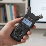 Profesjonalny dyktafon Tascam w dłoni kobiety. Widoczny ekran LCD i parametry. W tle biurko z komputerem i książkami.